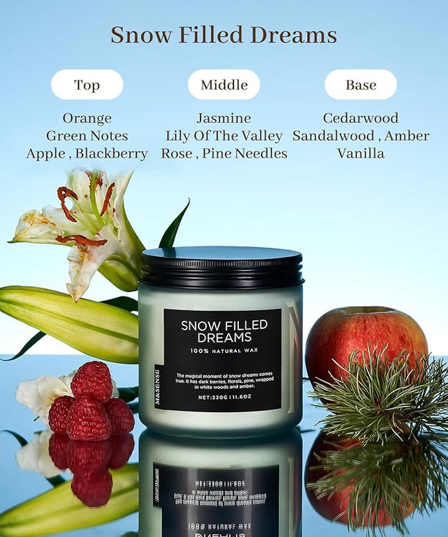 M&SENSE Snow Filled Dreams Winter Scented Candle, 11.6oz Natural Soy Wax 70 Hours Long Lasting 2 Cotton Wick Aromatherapy Gifts for Home Decor,Clean Candle for Men and Women