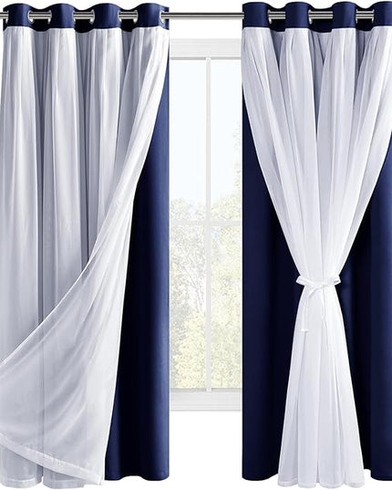 Hiasan Blackout Curtains with Sheer Overlay, Thermal Insulated Privacy Mix and Match Double Layer Window Curtains for Bedroom, Living Room, 2 Drape Panels Sewn with Tiebacks, Navy Blue, 52W X 63L