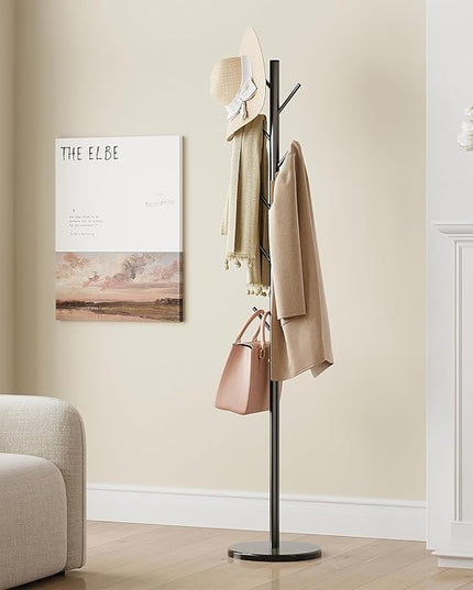 ELYKEN Coat Rack Freestanding with Natural Marble Base, Metal Coat Rack Stand with 10 Hooks, 3 Adjustable Size Coat Tree for Bags, Clothes, and Hats for Entryway, Bedroom, Hallway, Office, Black