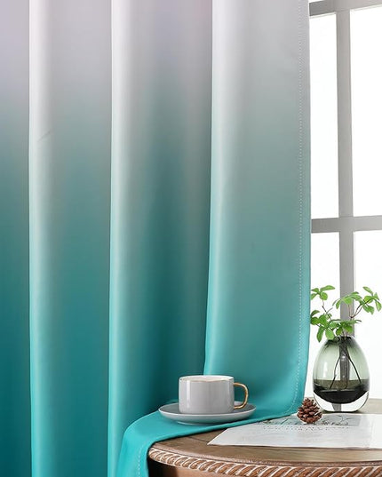 Estelar Textiler Teal and Greyish White Blackout Ombre Curtains 108 inch Long for Living Room 2 Panels Set, Thermal Insulated Grommet Privacy Protection & Light Blocking Drapes for Bedroom,52Wx108L