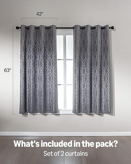 Amazon Basics Jacquard 2-Piece 100% Blackout Curtains, Living Room and Bedroom Drapes, Thermal Insulated Window Treatment, 42"x63", Grey
