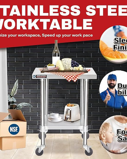 DuraSteel 24x24 NSF Stainless Steel Cart Work Table - Heavy Duty Rolling Food Prep Table - Metal Utility Cart on Wheels Caster, Grill Stand Microwave Outdoor Kitchen Tables Countertop Island Large Top