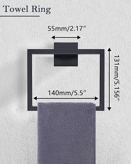 Bathroom Accessories Towel Bar Set: 10 Pieces Matte Black Bathroom Hardware Square SUS304 Stainless Steel - Wall Mounted Towel Rack&Toilet Paper Holder&Towel Ring and Towel Hook