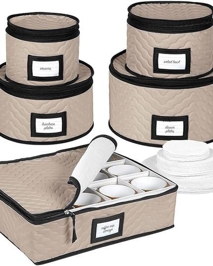 China Storage Containers 5-Piece Set Moving Boxes for Dinnerware, Glasses, Plates, Mugs and Saucers Sturdy Quilted Microfiber Dish Organizer with Dividers for Seasonal Storage - Holds Set of 12, Brown