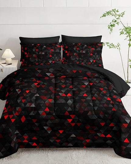 Geometric Red Black Triangle Full Size Comforter Set,Light Honeycomb Bedding Set 7 Piece in A Bag,Bed Sheet Set Geometry Decor,Microfiber Lightweight All Season