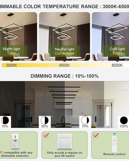 3 Rings Modern LED Chandelier Black 31.5inch Rectangle Dimmable LED Pendant Light with Remote Control 3 Tier Flush Mount High Ceiling Light for Dining Living Room Foyer(3000K-6500K, H71)