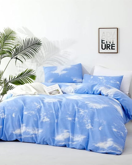 CLOTHKNOW Blue Sky 3Pcs Bedding Set - Twin Comforter Set with 2 Pillowcases, Cotton Microfiber, Cloud Design, Unisex, All Seasons, Machine Wash