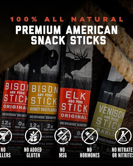 ICON Meats Snack Sticks Sampler, 24 Pack High Protein Snacks, Assorted Bison, Elk, Venison & Pork Individually Wrapped Meat Sticks 6 Per Flavor, Gluten Free, Low Sugar, Gifts or Stocking Stuffers