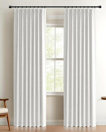 100% Blackout Shield Linen Look Textured Pinch Pleated Curtains Blackout Drapes 108 Inch Long 2 Panels Set, Faux Linen Blackout Curtains for Bedroom & Living Room, 40" W x 108" L, Bright White