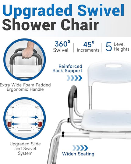 Sangohe Shower Chair for Inside Shower, Sliding Shower Chair, Tub Transfer Bench with 360⁰ Swivel Seat, Tub Transfer Benches for Bathtubs, Medical Shower Seat for Elderly and Disabled, 788B