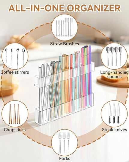 9.5 Inch Cabinet Door Acrylic Straw Holder with Double-Sided Tape, Kitchen Countertop Cabinet Storage Box for Organizing Straws (Transparent)