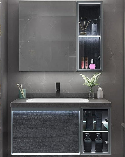 32IN Bathroom Vanity - Bathroom Vanity with Sink Combo, Motion Sensor Light Indoor & Transparent Glass Cabinet Doors | Floating Vanity with Grey Storage Cabinet