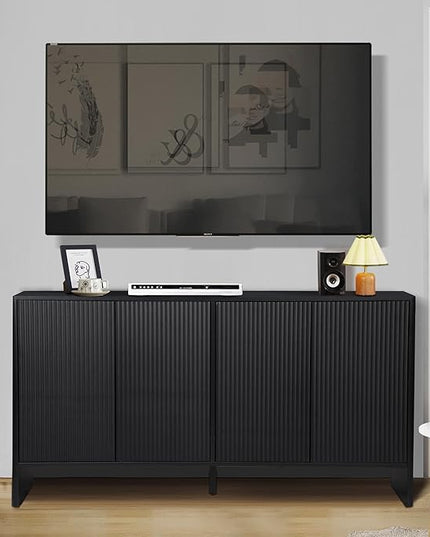 Sideboard Buffets Cabinet, Modern Accent Storage Cabinet with 4 Fluted Doors and Adjustable Shelves, Wood Credenza Buffet Sideboards, Console Table for Kitchen Dining Living Room Entryway (Black)