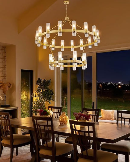 48" Modern High Ceiling Chandelier, 2 Tier Wagon Wheel Chandelier with Glass Shade, 24-Lights Large Round Modern Farmhouse Pendant Lighting Fixture for Dining Room, Living Room, Kitchen, Foyer