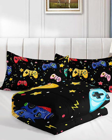 AILONEN Gamepad Comforter Set Full Size,Cartoon Gaming Video Game Bedding Sets for Kids Teens Boys,Cute Graffiti Duvet Set,3-Piece, 1 Quilt and 2 Pillowcases,Soft Microfiber