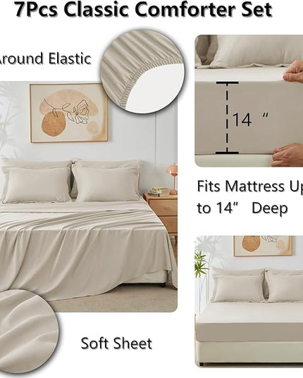 CozyLux Full Size Comforter Sets Oatmeal - 7 Pieces Bed in a Bag Full, Luxury Soft Bed Set for All Seasons, Bedding Set with Down Alternative Comforter, Sheets, Pillowcases & Shams