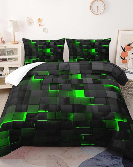Geometric Green Black Comforter Set,Light Honeycomb 3 Piece Bedding Set King Size for Teen Boys,Modern Quilt Set Geometry Decor,Microfiber Lightweight 1 Comforter 2 Pillowcases All Season