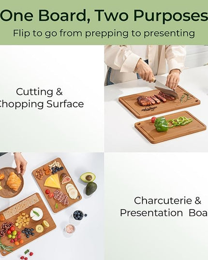 Butcher Block 2-Pcs Carbonized Bamboo Cutting Board Set With Juice Groove For Meal Prep & Cheese Serving - Ideal Kitchen Gift Set of 2 (M+L)