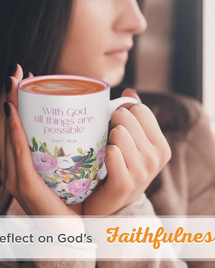 Christian Art Gifts Inspirational Ceramic Coffee & Tea Scripture Mug for Women: All Things are Possible Encouraging Bible Verse, Cute Microwave & Dishwasher Safe Drinkware, White & Pink Floral, 12 oz.