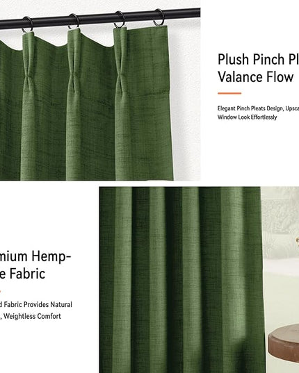 100% Blackout Shield Linen Look Textured Pinch Pleated Curtains Blackout Drapes 90 Inch Long 2 Panels Set, Faux Linen Blackout Curtains for Bedroom & Living Room, 40" W x 90" L, Moss Green