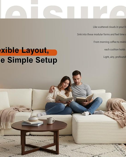 110" Boneless Couch in A Box, Corduroy Cloud Couch Sectional Couches for Living Room, Convertible L Shaped Modular Sectional Sofa Set with Deep Seat, No Assembly Required(3 Seat+ 1 Ottoman,Beige)