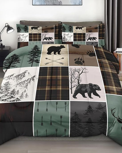 Comforter Set Queen Size, Hunting Wildlife Deer Bear Soft 3 Pcs Bedding for Kids and Adults Vintage Winter Animal Plaid Comforter Set with 2 Pillowcases for Bedroom Bed Decor