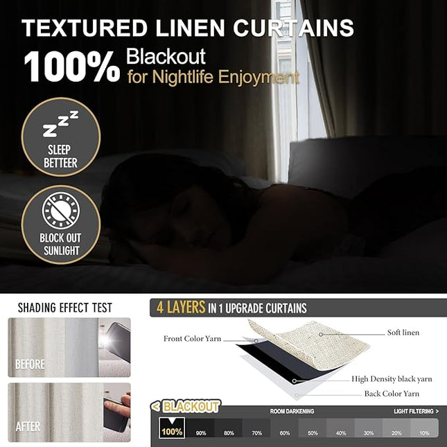 IVAPUPU Linen Pinch Pleated Full Blackout Curtains for Bedroom - 2 Pages Black Out Gold Curtains 63 Inch Long 2 Panel for Living Room Darkening Thermal Window Curtain Drapes with 16pc Hooks