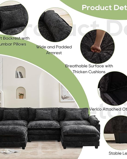 120" Modular Sectional Sofa, Comfy Cloud Couch Sectional Sofa with Ottoman, Chenille Sofa Sleeper Deep Seat Sofa with Throw Pillows for Living Room (Black, 120"- U Shape)
