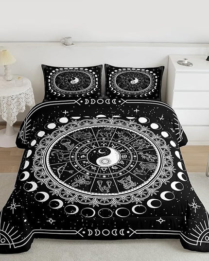 Sun Moon Kids Comforter Set Queen Size,Starry Sky Galaxy Planet Trippy Bedding Set,Boys Girls Adults Room Decor,12 Constellation Mandala Boho Down Comforter,Black White Duvet Insert,2 Pillowcases