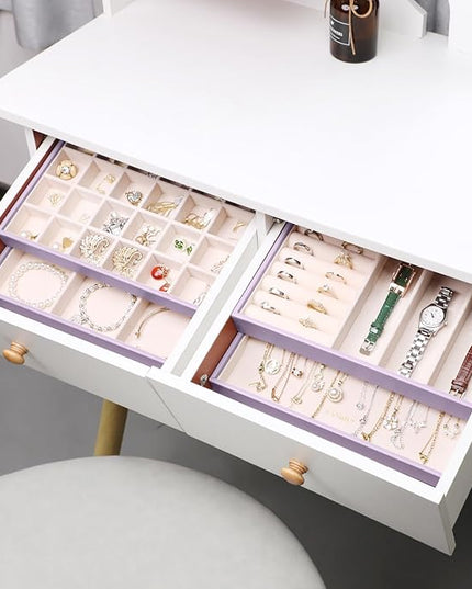 LANDICI Stackable Jewelry Organizer Trays 4 Set,PU Leather Jewelry Organizer Drawer,Jewelry Storage Display Tray for Earring Necklace Rings Bracelet with Removable Dividers,Lavender