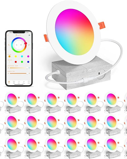 24Pack Smart Recessed Lighting 4 Inch RGBCW Color Changing 12W LED Downlight with Junction Box,1000 Lumen Recessed Ceiling Light Compatible with Alexa,Dimmable by Bluetooth Control
