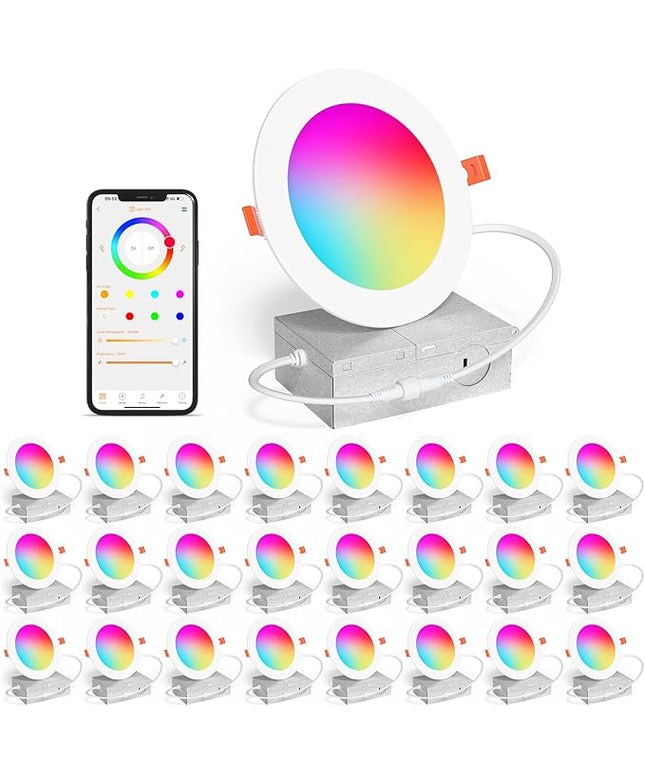 24Pack Smart Recessed Lighting 4 Inch RGBCW Color Changing 12W LED Downlight with Junction Box,1000 Lumen Recessed Ceiling Light Compatible with Alexa,Dimmable by Bluetooth Control