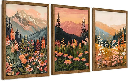 InspiredHues Colorful Landscape Boho Canvas Wall Art Set, 3 Piece Wildflower Mountain Wall Decor, Vintage Floral Rustic Nature Artwork Prints for Living Room Bedroom Office 16x24 Inch Wood Framed
