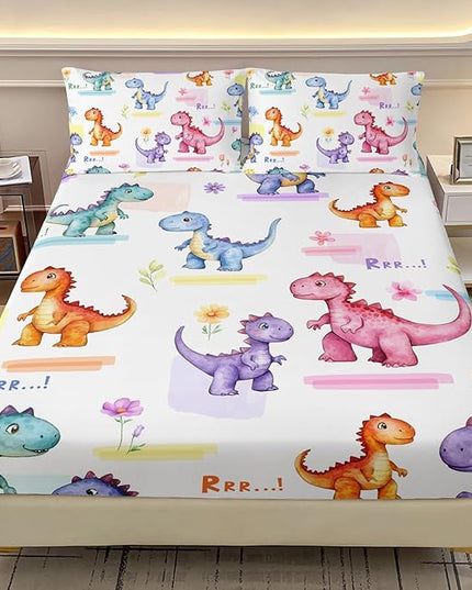 AILONEN Kids Cartoon Dinosaur Fitted Sheet Set for Boys,Girls,Colorful Dinos Bedding Set, Twin XL Size, Lovely Dinosaur Bed Sheet Set,3-Piece 1 Sheet Set + 2 Pillowcases
