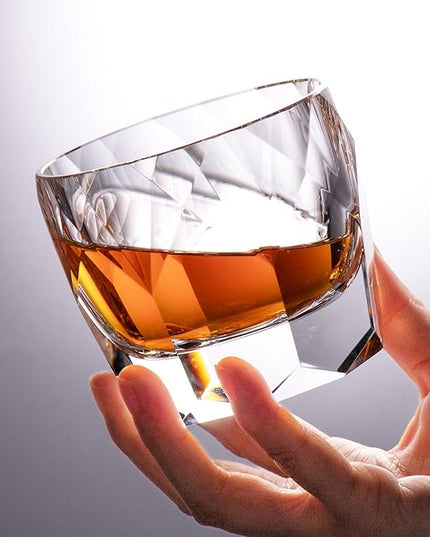KAMMAK Crystal Whiskey Glasses Set of 2, 7.1oz Old Fashioned Glasses Stemless, Hand Blown White Cocktail Glasses, Luxury Handcrafted Cut Ice Ball Cup for Women, Perfect Men Gift for Bourbon