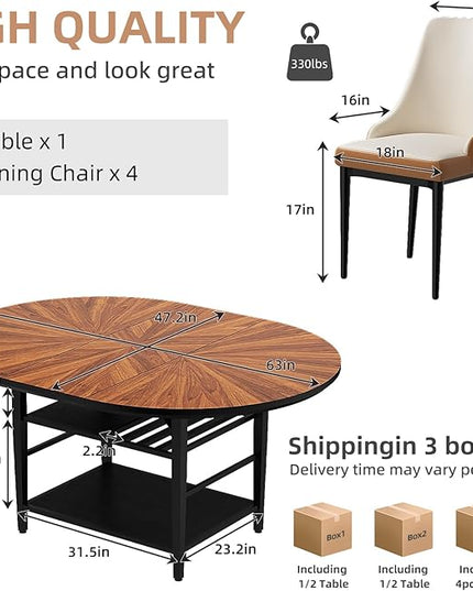 VFK 47.2"-63" Extendable Round Dining Table Set for 4–6, Solid Wood & Metal Table with Wine Rack Storage Shelf, Walnut Kitchen Furniture with 4 Upholstered Chairs (Storage Table and 4 Brown Chairs)