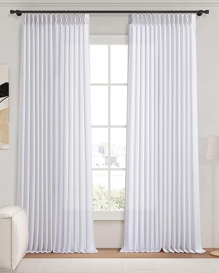 Pinch Pleated Curtains White 96 Inches Long for Living Room, Pleat Non-see-through Privacy 8 ft Drapes Room Linen Blend Boho Memory Trained Shaped Ceiling Floor Off White 96 Inch Length 2 Panels