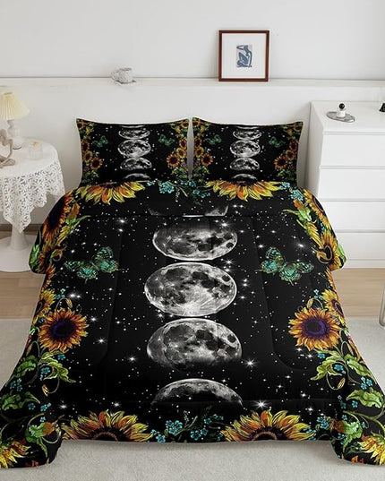 Manfei Sunflower Comforter Set, Moon Planet Starry Sky Galaxy Universe Bedding Set 3pcs for Kids Teens Adult Room Decor,Floral Trippy Quilt Set Soft Black Duvet Insert with 2 Pillowcases, Queen Size