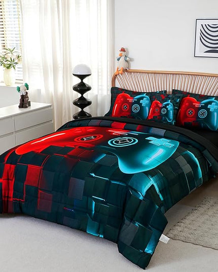PERFEMET 6 Pcs Gamer Bed Set Twin Size Red and Teal Game Console Kids Bed in A Bag Set Soft Fluffy 3D Cool Teen Boys Gaming Comforter Set with Bed Sheet(Red Teal, Twin)