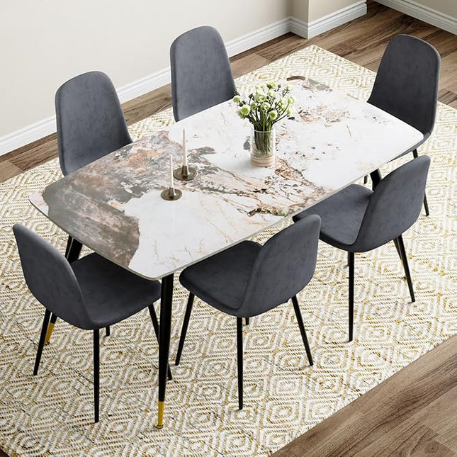 7 Piece Dining Table Set, Dinner Table Set for 6, Sintered Stone Kitchen Table Top and Modern Chairs Set of 6 for Kitchen Dining Room