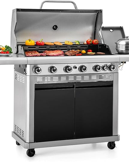 Sophia & William 6-Burner Propane Gas BBQ Grill with Side Burner & Porcelain-Enameled Cast Iron Grates, Gas Grill Griddle Combo for Outdoor Cooking, Barbecue Events, 740 SQ.IN. Cooking Area, Black