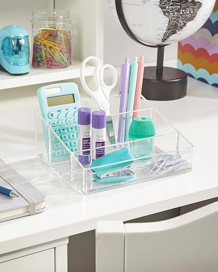 STORi Clear Plastic Small Countertop Vanity Makeup Organizer, Compact Rectangular 4-Compartment Holder for Brushes, Eyeshadow Palettes, & Beauty Supplies, Made in USA