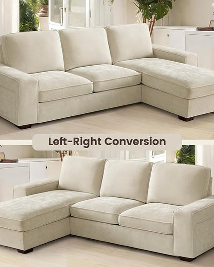 PARKOL 99" L-Shaped Sectional Couch with Storage, Sofa with Reversible Chaise, USB Type-C Charging, Chenille Fabric, Removable Cushion Covers, for Small Space, Apartment, Living Room, Beige