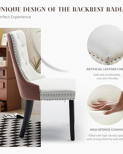 SoarFlash Leather Dining Chairs Set of 6, Tall Back Side Chair, Modern Upholstered Side Chair with Button Back Ring, Solid Wood Legs (Pink&White)