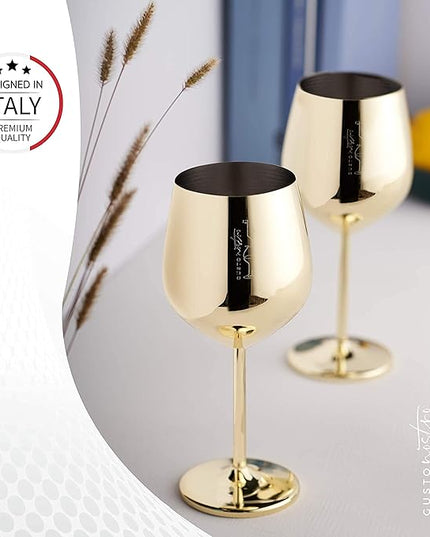 Gusto Nostro Stainless Steel Wine Glass - 18 oz Unbreakable Gold Wine Glasses for Travel, Camping and Pool - Fancy, Unique and Cute Portable Metal Wine Glass for Outdoor Events, Picnics (Set of 2)