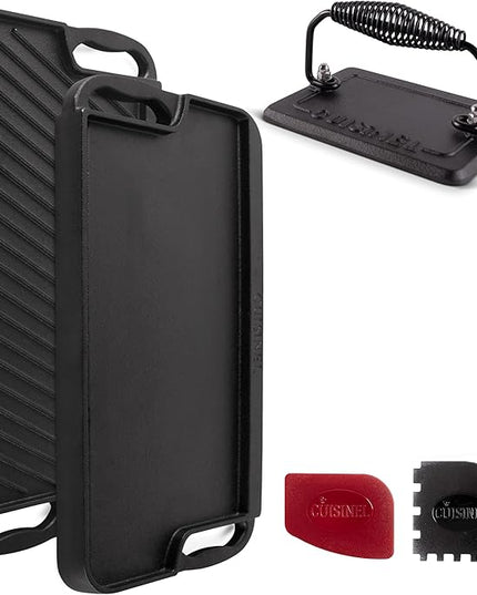 Cuisinel Cast Iron Griddle/Grill + Burger Press + Pan Scrapers - Reversible Pre-Seasoned 20" X 10" Dual Handle Flat Skillet + Griller Pan + Cleaning Accessories - Use Indoor/Outdoor Stove Burner, Gas