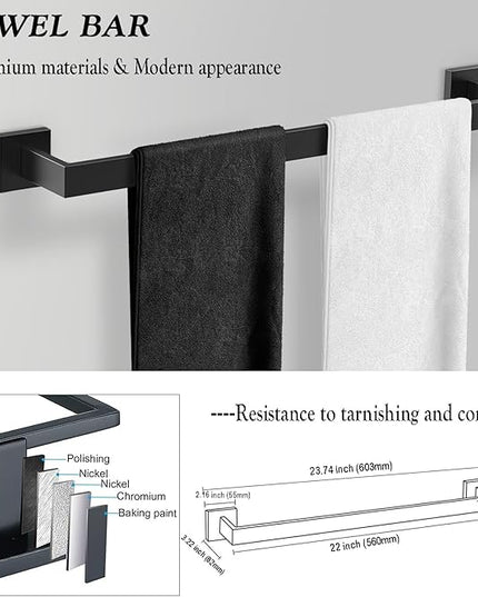 BOZWELL 5 Pieces Matte Black Bathroom Hardware Accessories Set Square Towel Racks for Bathroom 23.6 inch Stainless Steel Towel Bar Set Wall Mounted Towel and TP Set