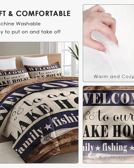 Queen Size Comforter Set with 2 Pillowcases, Welcome Lake House 3 Pcs Bedding for Kids and Adults, Woodboard Family Fishing Cabin Soft Comforter Set for Bedroom Bed Decor