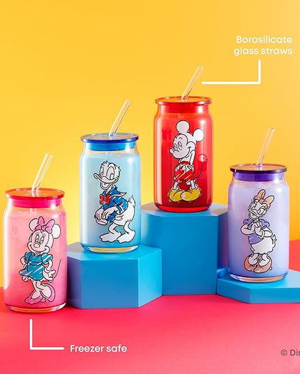 JoyJolt Disney Mickey Mouse and Friends Color Sketch Glass Tumblers with Lids and Straws, 16oz Glass Cups with Lids and Straws, Can Shaped Drinking Glasses Set of 4, Disney Gifts for Adults