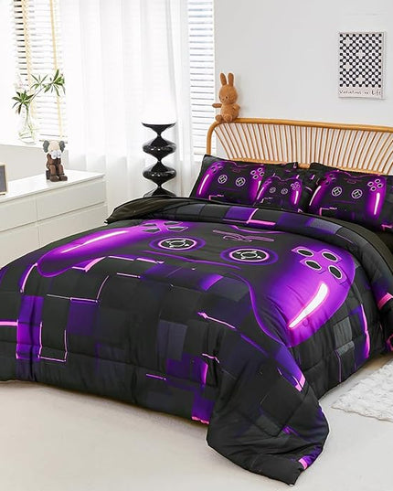 PERFEMET 6 Pieces Bed in A Bag Gamer Comforter Set Full Size Purple Gaming Bedding Set for Boys Kids Teen Soft Lightweight Video Game Black Quilt Bedspread Set(Purple, Full)